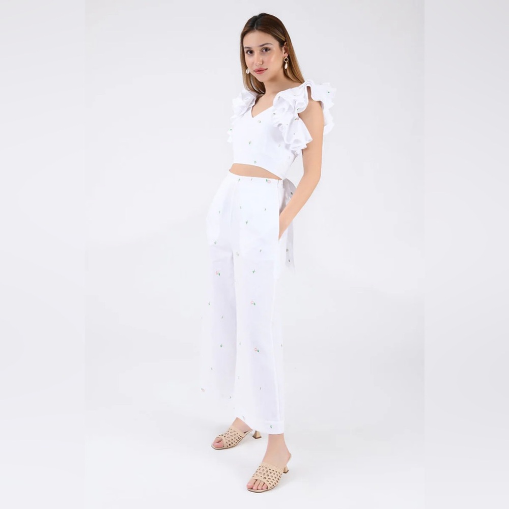 Fanm Mon White Ruffle Crop Top & Wide Leg Pants Set